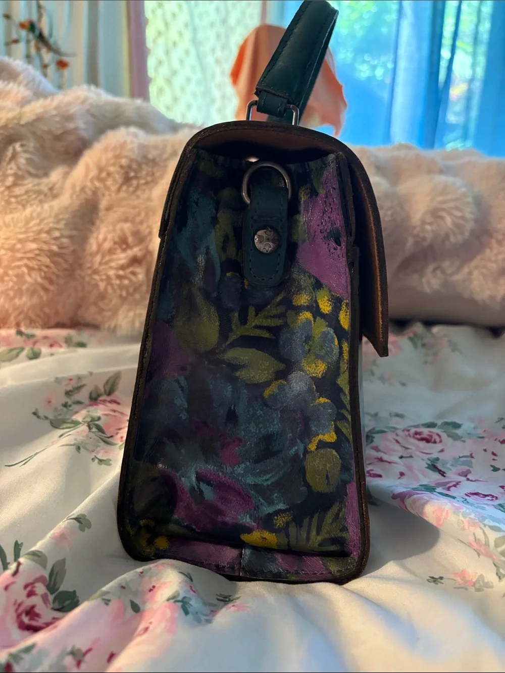Patricia Nash Floral Painted Leather Top-Handle Bag in Black, Purple, Yellow